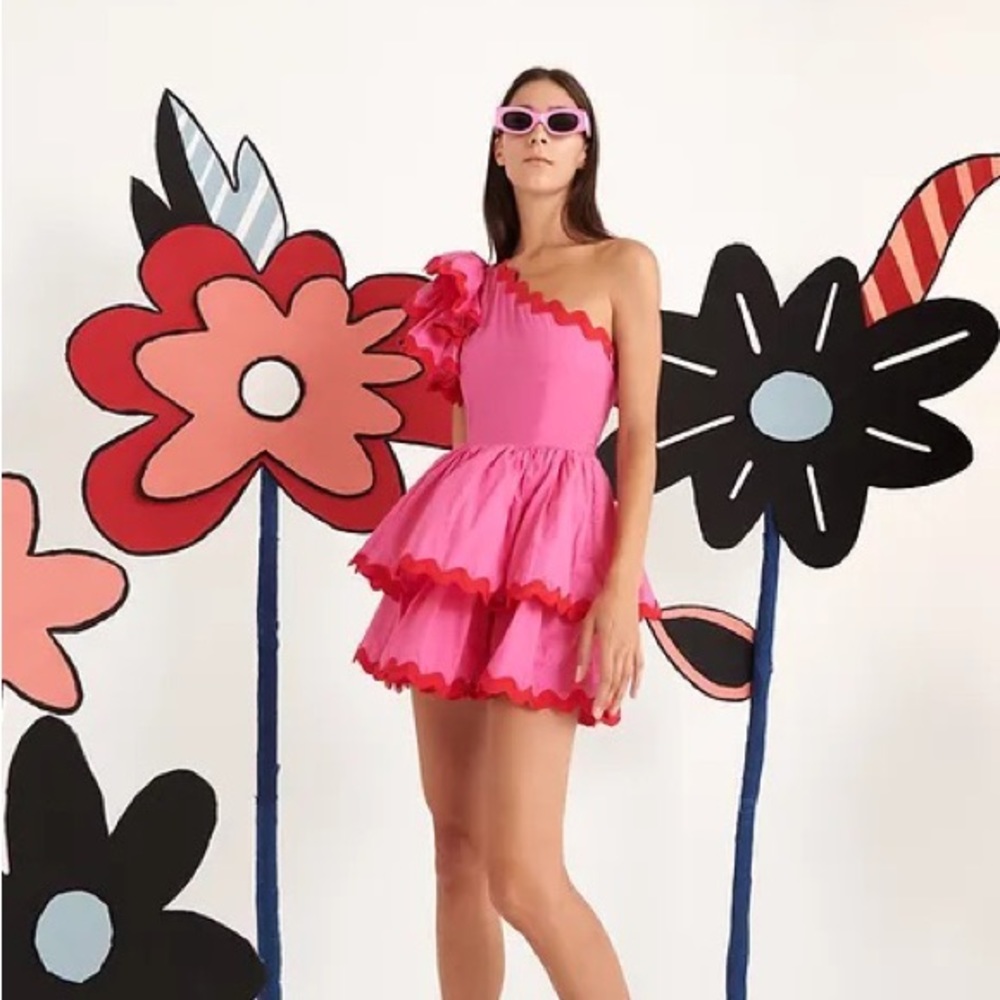 CeliaB Hot Pink One-Shoulder Tiered Mini Dress with Red Trim